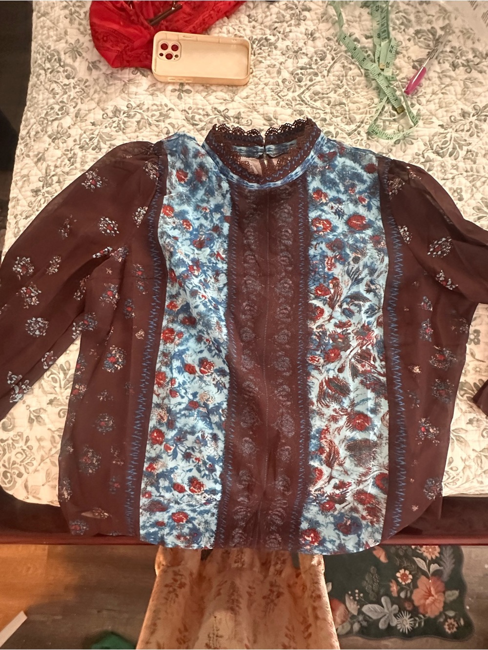SHEIN Brown and Blue Floral Lace-Trim Blouse